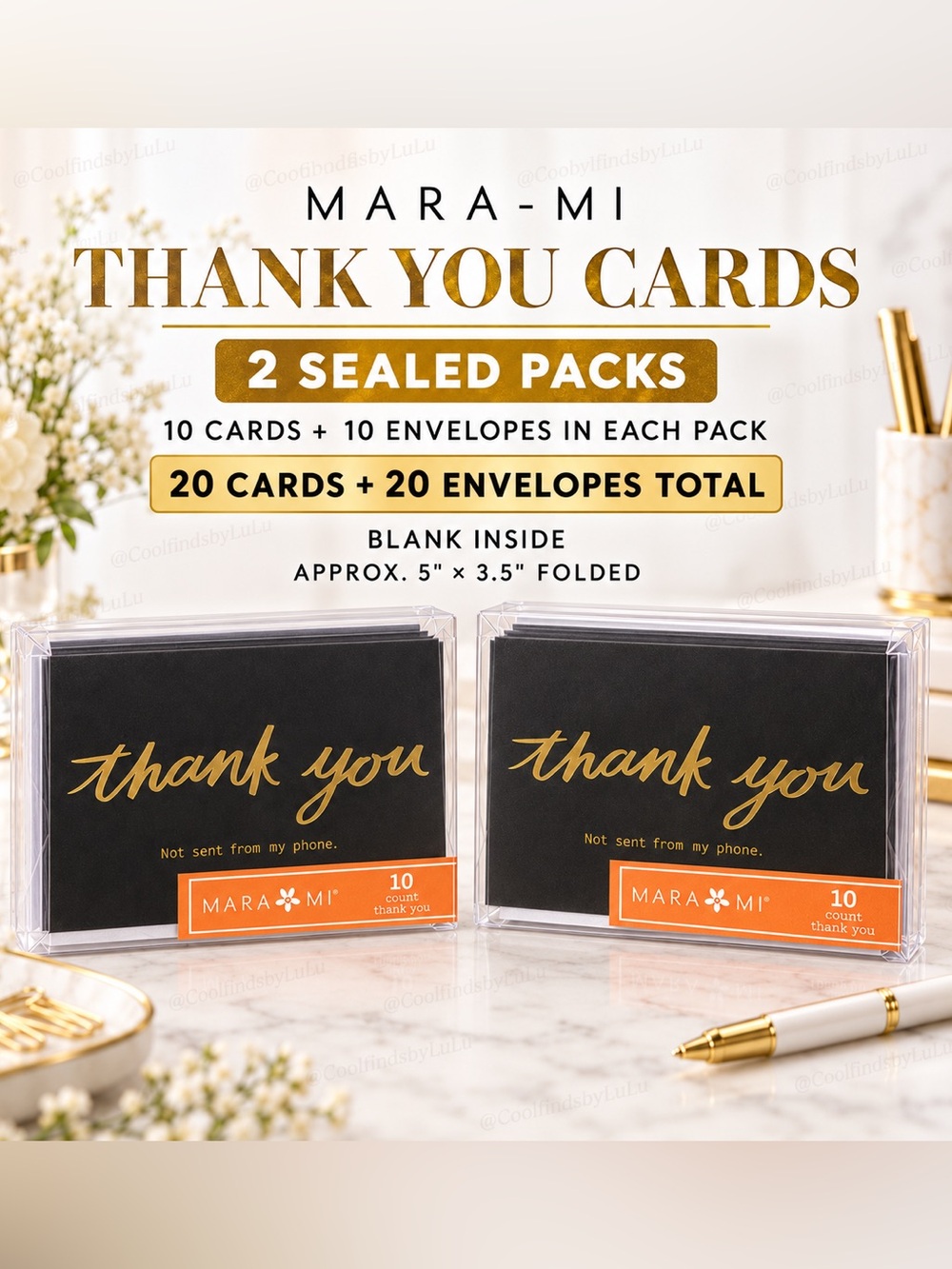 Black & Gold Thank You Cards - 20 Pack